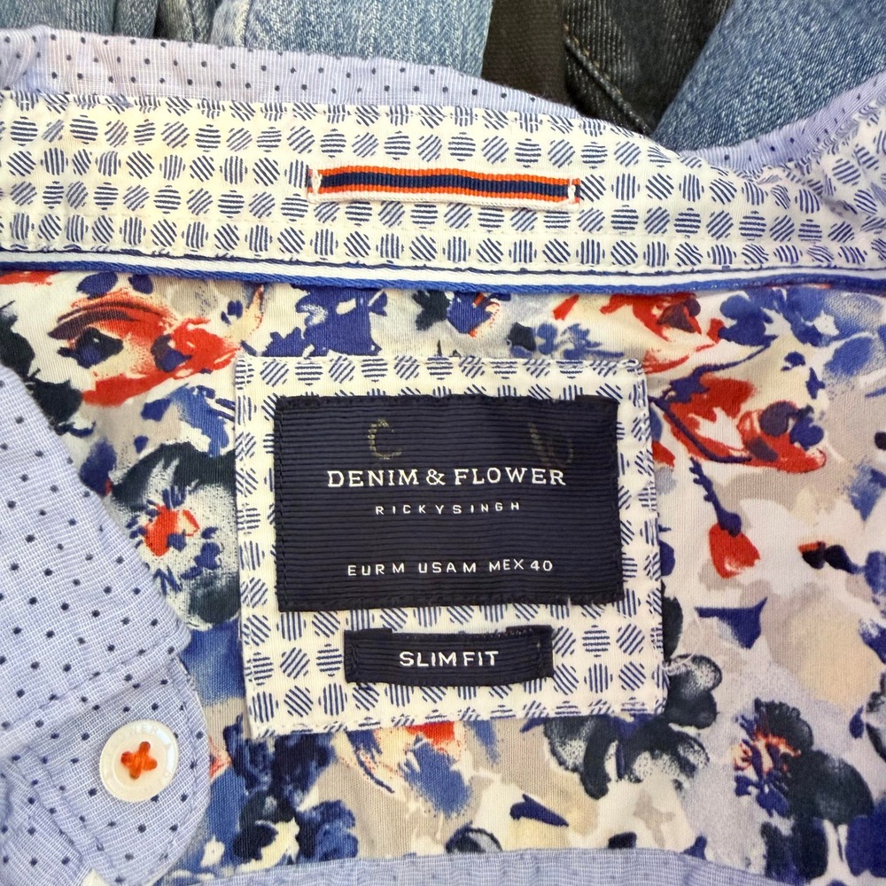 DENIM & FLOWER Slim Fit Short Sleeve Button Down Shirt Men Blue Dot Print - Picture 4 of 7